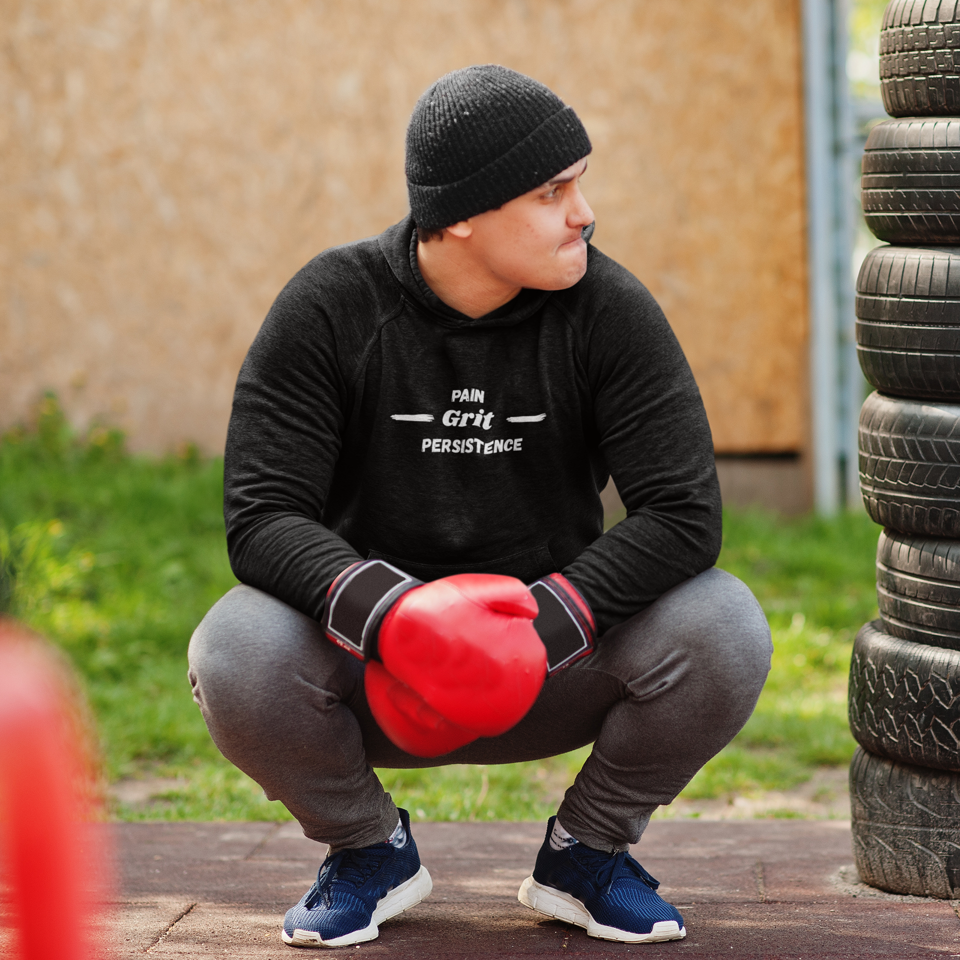 Motivational Unisex Hooded Long Sleeve Tee - Grit, Pain, Persistence | Workout Gear, Gift for Fitness Lovers, Casualwear, Activewear