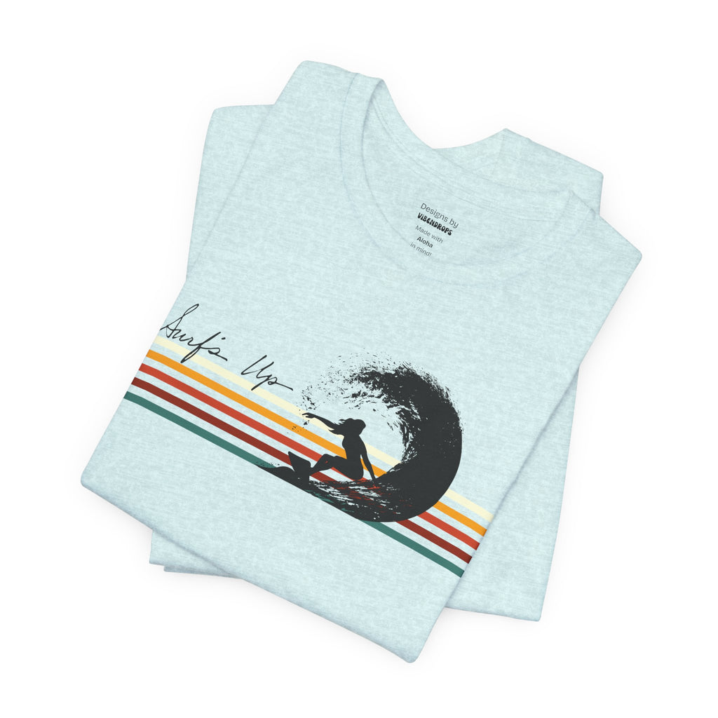 Surf's Up Retro Unisex Tee, Female Surfer Riding Pipeline Wave, Summer Beach Shirt, Ocean Lover Gift, Beach Vacation Apparel