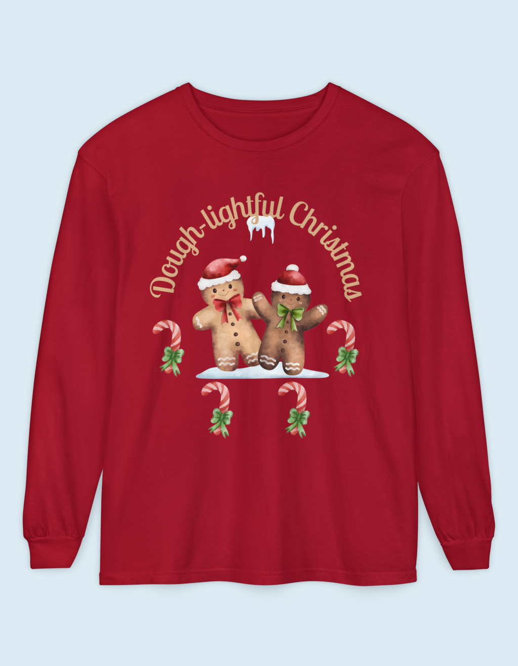 Dough-lightful Christmas Gingerbread Long Sleeve T-Shirt | candy canes, holiday print