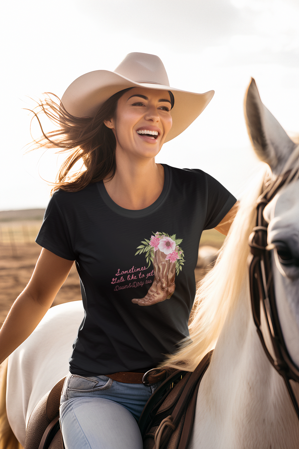 Tee - Cowgirl Boots and Flowers Design - Sometimes Gals like to get Down & Dirty too